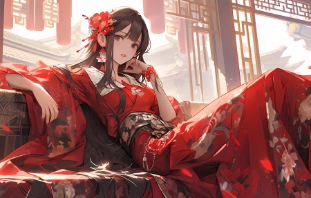 古风新娘 红色衣服 头饰 4K动漫壁纸 3840x2160