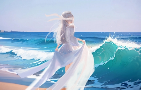 海边 女孩 蒙眼 仙气 4K壁纸