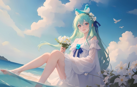 海边 海水 女孩 鲜花 小鸟 4k动漫壁纸3840x2160